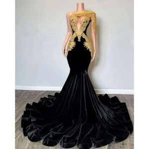 Sexy zwarte zeemeermin avondjurken 2024 één schouder goud appliques African Women Gala Party prom jurken vestidos de op formales 0304