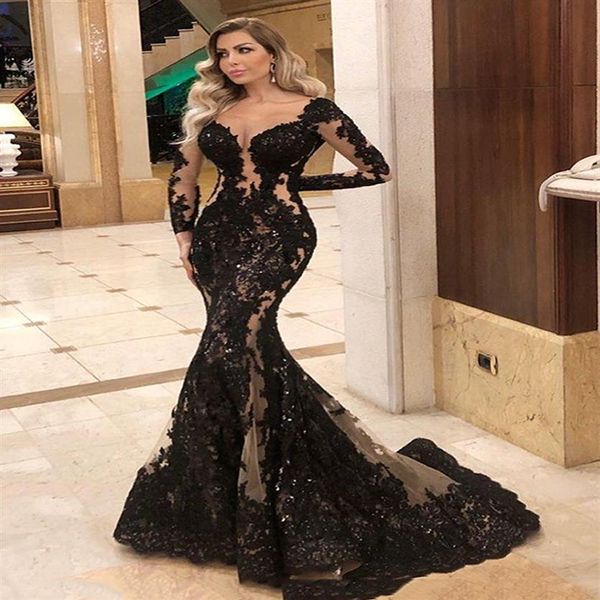 Sexy Black Mermaid Soirée Pageant Robes 2021 Illusion Manches longues Dentelle Paillettes Applique Sheer Fishtail Occasion Prom Wear Gown230n