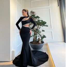 Sexy Black Mermaid Prom Dress Beads Pearls Long Sleeve Occasion Party Dresses Dubai Evening Gowns Custom Made