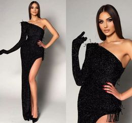 Sexy Noir Sirène Robes De Bal Longues Pour Les Femmes Une Épaule Paillettes Étage Longueur Haut Côté Split Formelle Soirée Fête Anniversaire Pageant Deuxième Réception Robes