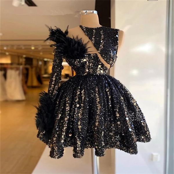 Sexy noir une épaule robes de bal pour les femmes 2022 plumes paillettes courte sirène robe de soirée Mini Cocktail Homecoming1905