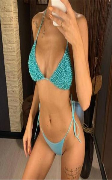 Sexy Black Pearl Thong Bikini Swimwear Women Micro Mini Bikinis Set vendaje de encaje para nadar