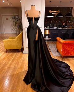Sexy Black Pleat Satin Long Mermaid Prom Dress Evening Gala Robes Robe de soirée formelle Robes d'occasion spéciale
