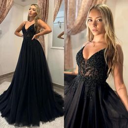 Sexy Black PROM Dress A Line Illusion Beading Evening Elegant Straps Tulle Party Vestidos para Ocns Promdress especiales 0515