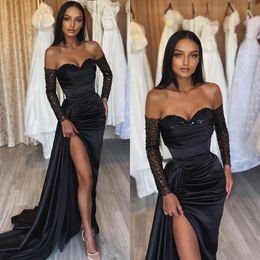 Sexy Black Prom Dresses Sequins Sweetheart Party Vesing Vestidos Pleats Split Formal Long Special OCN Vestido