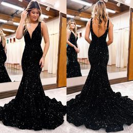 Sexy negro vestidos de baile cuello en V sin espalda lentejuelas fiesta vestidos de noche plisados sirena Formal largo vestido para ocasiones especiales