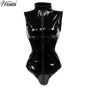 Sexy Black PVC Body Zipper Latex Wetlook Catsuit Gothique Faux En Cuir Combinaison Femmes Fétiche PVC Teddy Clubwear Costume Y18101601