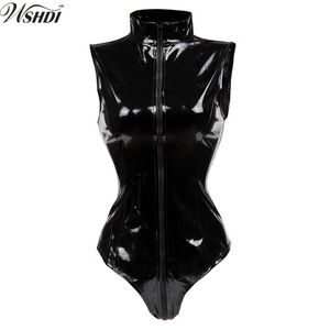 Sexy Zwart PVC Bodysuit Rits Latex WetLook Catsuit Gothic Faux Lederen Jumpsuit Vrouwen Fetish PVC Teddy Clubwear Kostuum Y18101601