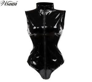 Sexy zwarte PVC bodysuit zipper latex wetlook catsuit gothic faux lederen jumpsuit dames fetisj pvc teddy clubwear kostuum y18101604966900