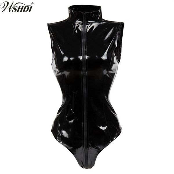 Sexy Noir PVC Body Zipper Latex Wetlook Catsuit Gothique Faux Cuir Combinaison Femmes Fétiche PVC Teddy Clubwear Costume Y1810160308D