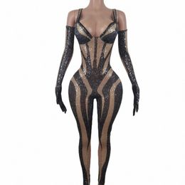 Sexy Black Sequin Combinaison Gants Femme Discothèque Slip Justaucorps Costume De Danse Fête D'anniversaire Porter Pole Dance Drag Queen Vêtements 247d #