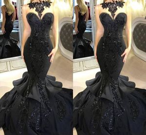 Sexy zwarte pailletten zeemeermin jurken avondkleding vintage lange 2019 kant applique kralen ruches prom jurken illusie nek formele feestjurk
