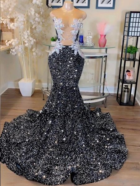 Vestido de fiesta de sirena con lentejuelas negras sexy para mujeres árabes 2024 Apliques de encaje con cuello transparente Vestidos de fiesta de cumpleaños para niña Robe De Soiree