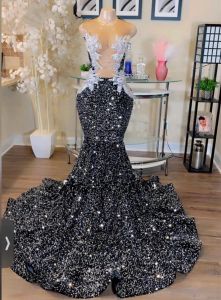 Robes de bal de sirène de paillettes noires sexy pour femmes arabes robes de fête appliqués