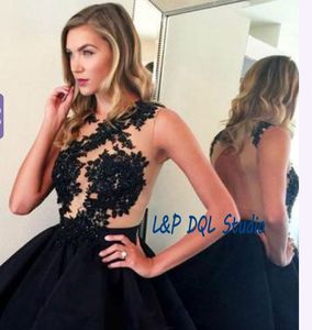 Sexy zwarte korte prom dresses sheer met applique backless zomer homecoming jurken organza applique met pailletten