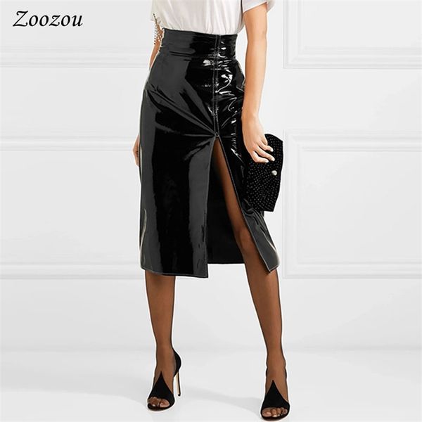 Jupe crayon en cuir verni sexy noir fendu côté taille haute taille haute longueur genou élégant bureau dame latex personnalisé 210629