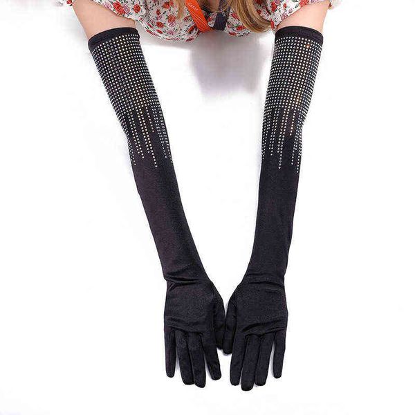 Sexy Black Stretch Satin Flash Diamond Mujeres Guante largo Mujeres Buddy Punk Hiphop Dinner Glove Full Finger Warm Driving Mittens r78 J220719