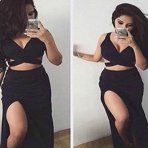 Sexy negro de dos piezas vestidos de baile crop top trajes vaina tanque correas pequeños vestidos de noche largos 2018 muslo hendidura alta ocasión especial vestido