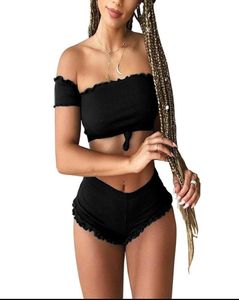 Sexy Black Two Pieces Set 2021 fuera del hombro Suits para mujeres Summer Strapless 2 PCS Sets Punk Biker Shorts Women039s 7339846