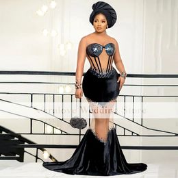 Sexy Black Velvet Prom Dresses 2023 mangas largas Mermaid africana vestidos de fiesta bata de vestidos de bal