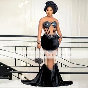 Robes de bal en velours noir sexy 2023 manches longues sir￨ne africaine robes de soir￩e robe de balle de bal