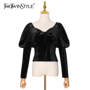 Sexy zwart fluwelen t-shirt voor vrouwen v-hals bladerdeeg lange mouw tuniek tops vrouwelijke kleding mode 210524