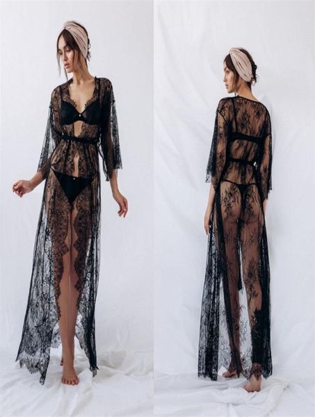 Robes de mariée noires sexy, col en v, manches longues, dentelle, Tulle, robe de nuit pour femmes, pyjama froncé avec traîne de balayage, 3934279