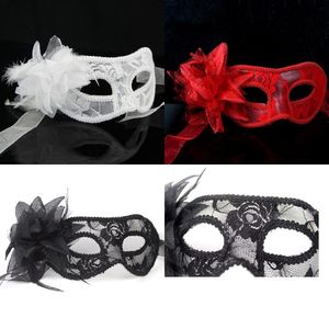 Сексуальные черные, белые, красные женские венецианские маскарадные маски с перьями для бала-маскарада, кружевные цветочные маски, 3 цвета