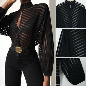 Sexy noir femmes maille pure Blouses dames à manches longues rayé avant évider chemises transparentes Blusas Mujer Camisas 220812