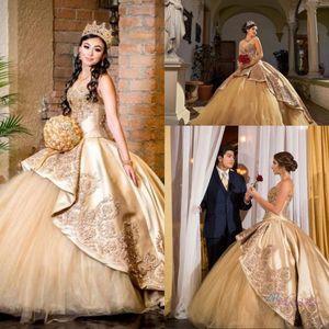 Sexy bling gouden gezwollen quinceanera -jurken lieverd kanten appliques kristal kralen kogel jurk vestidos de jurk gast korset terug tuLle 403