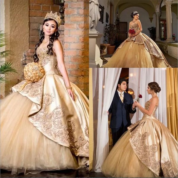 Sexy bling Gold Puffy Quinceanera robes chérie appliques en dentelle en cristal perles de bal de bal Vestide de robe