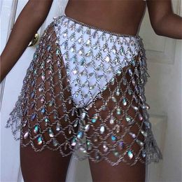 Sexy Bling Metal Body cadena falda Mujer be Summer Beach Hollow Colorful gem Queen crystal Niglub Party faldas T200508275P