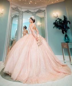 Sexy Bling Rose Goud Roze Lovertjes Kant Quinceanera Jurken Hoge Hals Kristal Kralen Off Shoulder Baljurk Vestidos De Dress gast Corset Back Tulle