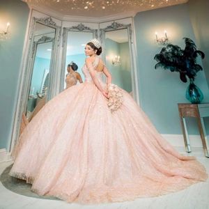 Sexy bling rose goud roze lovertjes kant quinceanera jurken hoge nek kristal kralen van schouderbal jurk vestidos de jurk gast co 307s