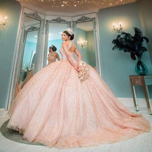Sexy Bling Rose Gold Pink Sequined Lace Quinceanera Vestidos Cuello alto Crystal Beading Off Shoulder Ball Gown Vestidos De Dress Gue277Q