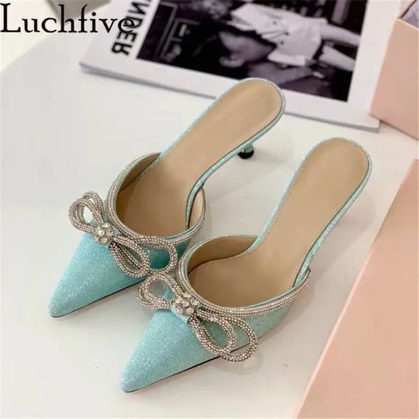 Sexy bling sequins pantoufles femmes Luxury Rhingestone Bow Pointy Toe High Heel Rayway Summer Wedding Party Shoes Mujer 240402