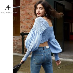 Sexy blauwe crop top lange puff mouw 2021 zomer vrouwen vrouwelijke magere laag gesneden elastische blouse dames blouses shirts