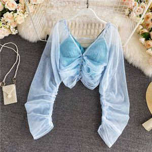 Sexy Blue Crop Tops V Neck Puff Sleeve Off The Shoulder Blouse Femmes Court Slim Mesh Chemises En Mousseline De Soie Faux Deux Pièces Blusas Mujer 210429