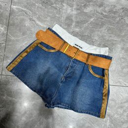 Sexy Blue Denim Shorts Women Fashion Classic Embroidery Denim Shorts Belt Wide Leg Shorts Jeans