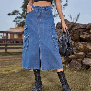 Sexy Blue Denim Vrouwen Mid Taille Multi Pocket Fashion Streetwear Losse Casual Werkkleding 2023 Nieuwe Plus Size Dames Lange Rok
