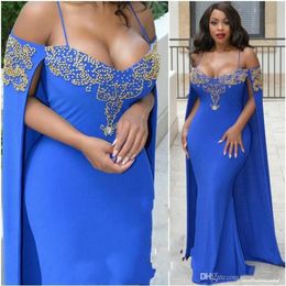 Sexy bleu robes de soirée perlées bretelles spaghetti sirène arabe robes de bal avec chaîne africaine formelle robe de soirée plus S264H