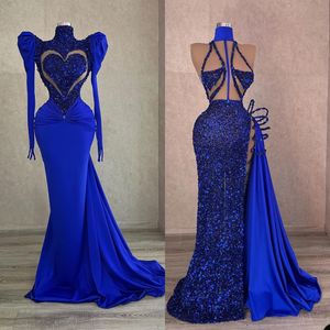 Sexy Blue Prom Dresses Appliqu￩ Lentejuelas Beads Sin mangas Criss Cross Straps Custom Made Formal Dubai Vestido de noche Sweep Plus Size Robes De Mari￩e