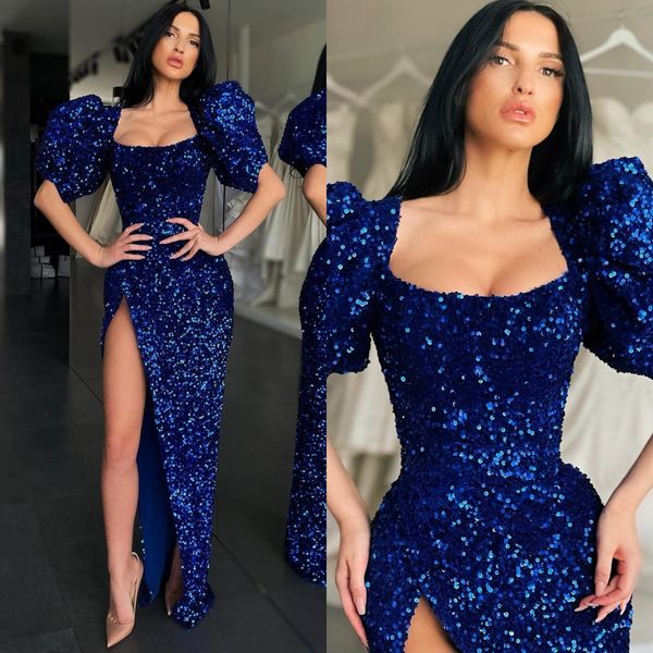 Sexy Bleu Robes De Bal Paillettes Manches Courtes Bouffantes Robes De Soirée De Soirée Plis Fente Semi Formelle Tapis Rouge Longue Robe Occasion Spéciale