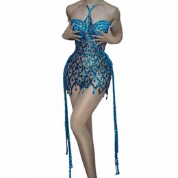 Robe de fête d'anniversaire en cristal bleu brillant pour femmes, Costumes de spectacle sur scène, soirée de bal formelle, Mini Dr Cuiniao D45W #