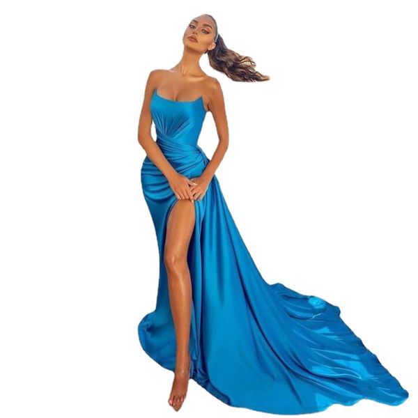 Sexy bleu robe de soirée sans bretelles sirène longue côté haut fendu robes de bal nouveauté robes de célébrité dubaï robes de soirée