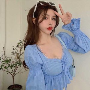 Sexy Blue V-hals Flare Sleeve Blouse Gewas Kant Ruffled Up Taille Temperament Lange Mouw Chiffon Tops Fashion Shirts Blusas 210610