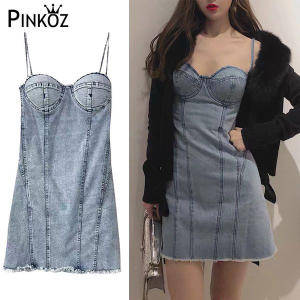 Sexy Robe Bodycom Sangle Spaghetti Denim Mini Slim Tassel Night Night Femme d'été Daily es Robe Femme Vestidos 210421