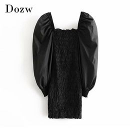 Sexy Bodycon Black Mini Dress Dames Bladerdeeg Lange Mouw Club Party Streetwear Square Collar Geplooid Vestidos de Fiesta 210515