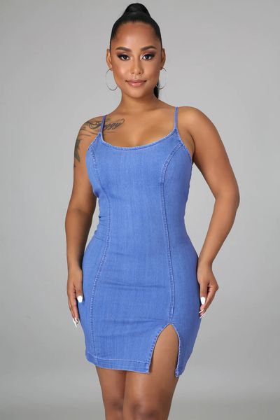 Vestidos sexis ajustados con tirantes finos, vestido vaquero sin mangas, ajustable, Color sólido, elástico, ropa de verano para mujer para discoteca