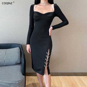 Sexy Bodycon Vrouw Goth Jurk Winter Lange Mouw Elegante Jurken Voor Dames Party Night Club Slip Designer Kleding 22347P 210712